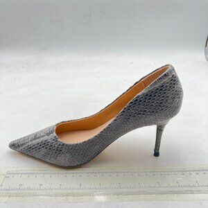 YDN Grey Snake Print Pointed Toe Mid Heel Pumps Slip on Slide Dress Shoe